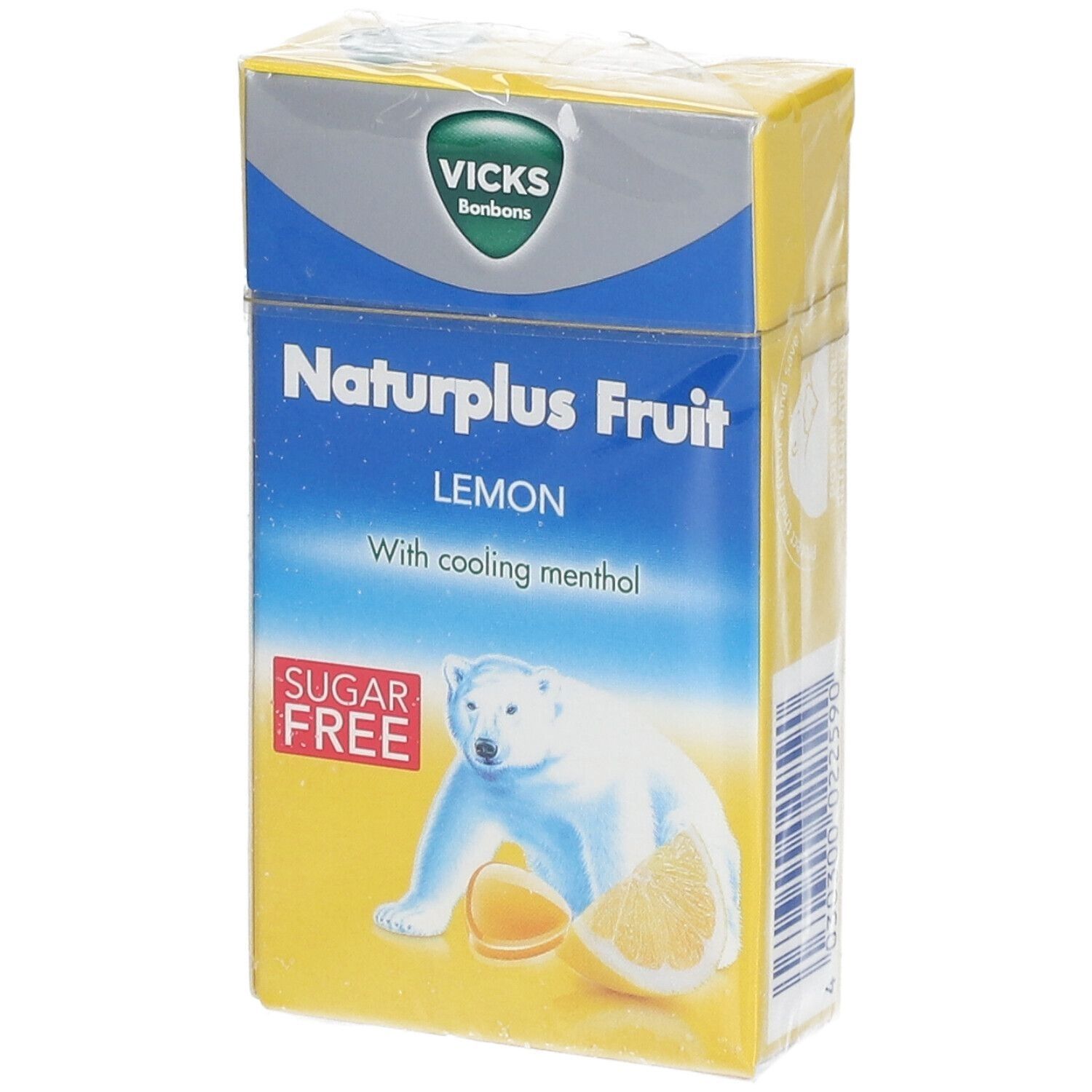 Boîte jaune de bonbons Vicks Naturplus Fruit. Inscription : citron, sans sucre, ours polaire avec citron.