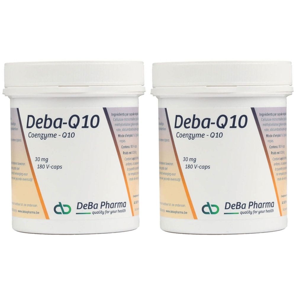 Deux pots blancs avec couvercles. Inscription: Deba-Q10, Coenzyme-Q10, 30 mg, 180 V-caps. Marque: DeBa Pharma.