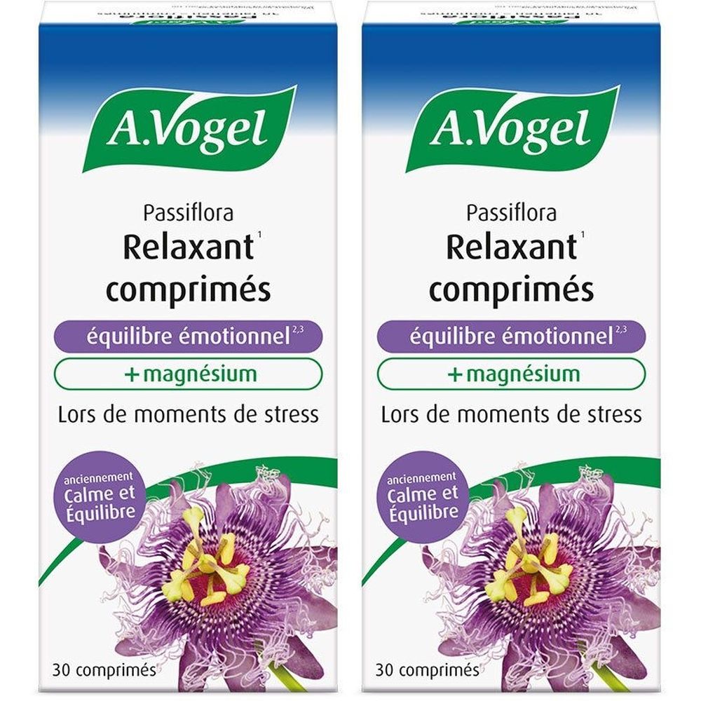 Deux boîtes de comprimés Passiflora Relaxant A. Vogel. Emballage bleu avec nom du produit, ingrédients et logo. 30 comprimés.