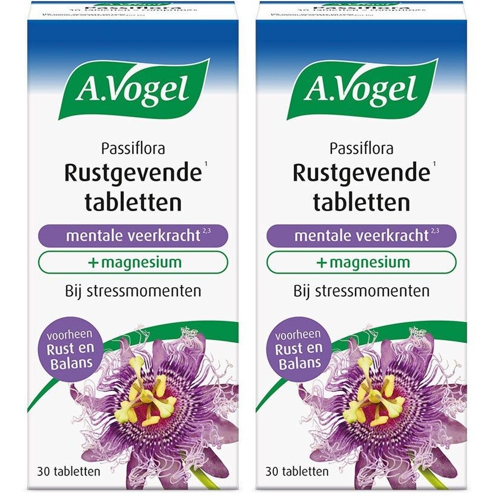 Twee dozen A. Vogel Passiflora Rustgevende tabletten. Blauwe verpakking met productnaam, ingrediënten en logo. 30 tabletten.