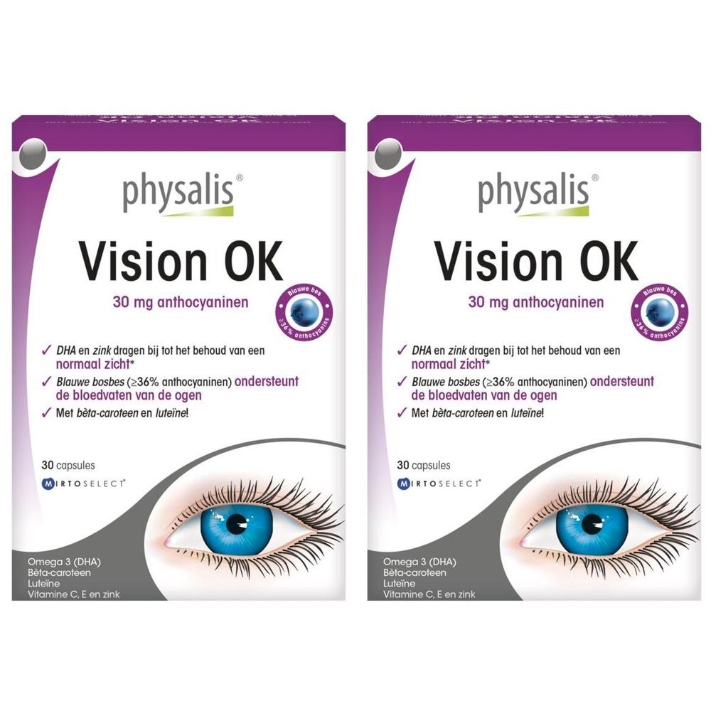 Twee dozen Vision OK. Paars-witte dozen met productnaam en informatie. Illustratie van een oog.