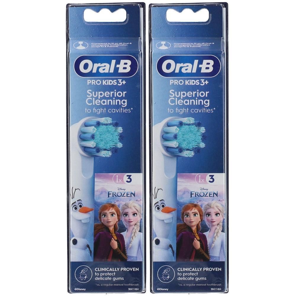 Zwei Oral-B PRO Kids 3+ Aufsteckbürsten-Verpackungen. Aufdruck: Frozen-Figuren, Produktname, 'Superior Cleaning'.