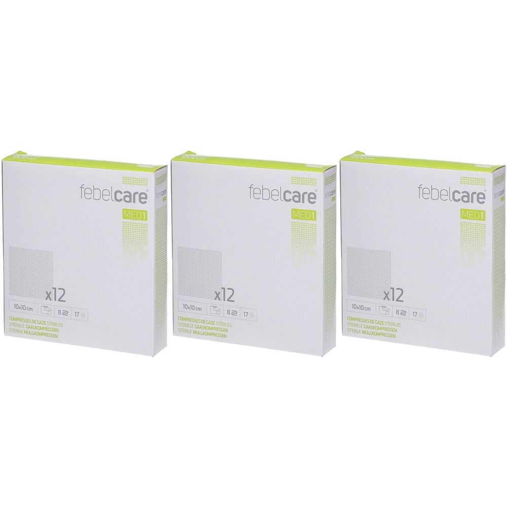 Trois paquets de compresses Febelcare L-30, 15x15 cm, 12 pièces.