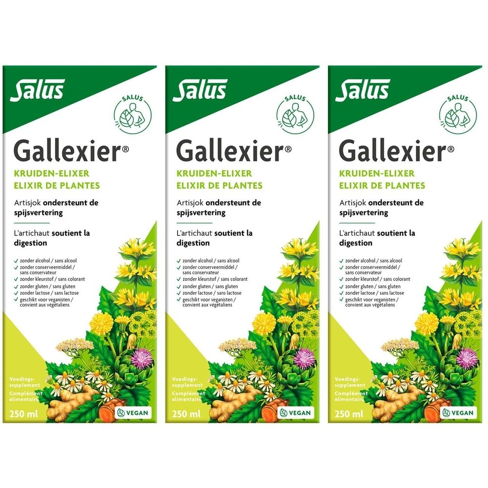 Trois boîtes de Salus Gallexier Elixir de plantes. Emballage vert et blanc avec nom du produit et illustrations.