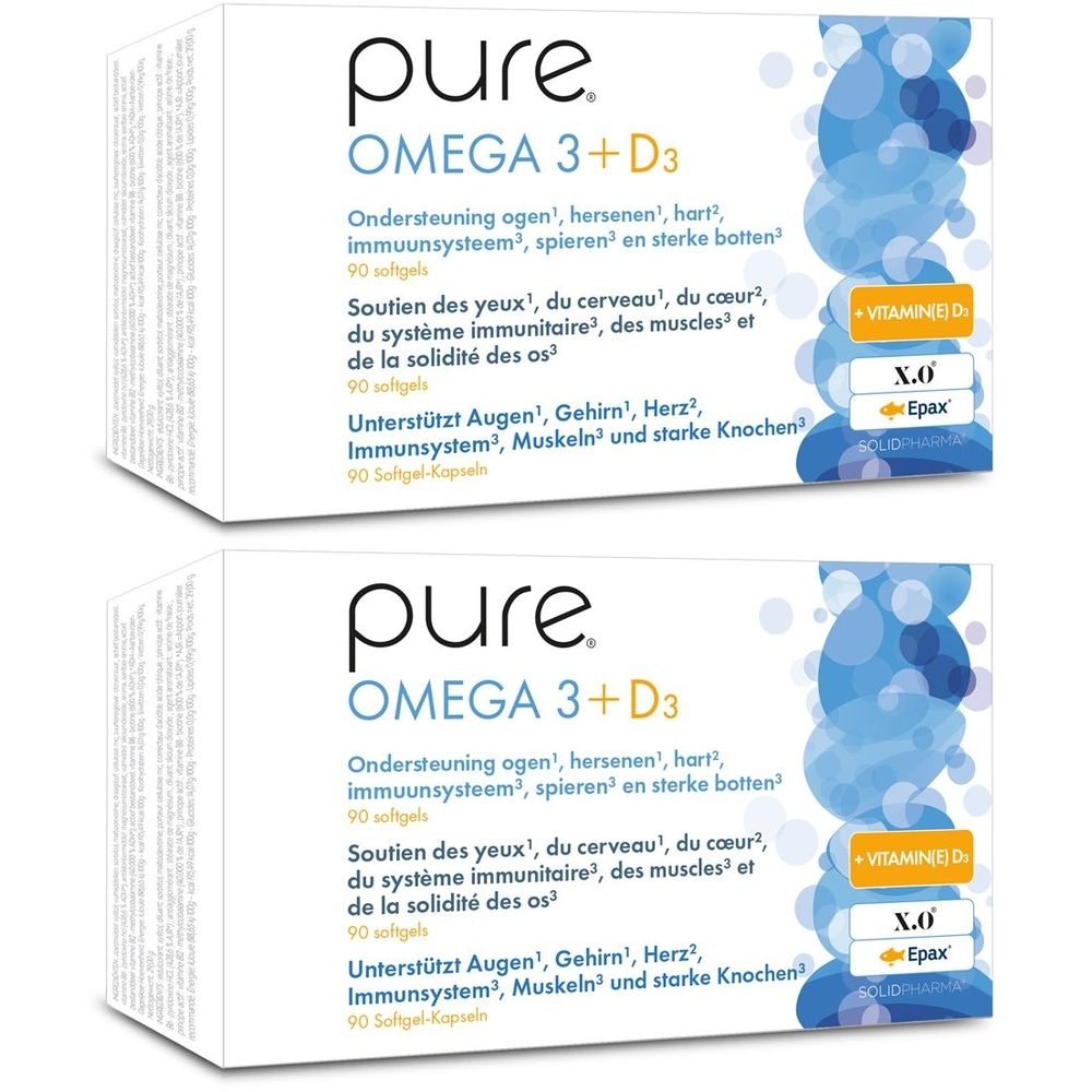 Twee witte dozen met "pure OMEGA 3 + D3". Tekst in het Frans, Nederlands en Duits. Gele en blauwe accenten.