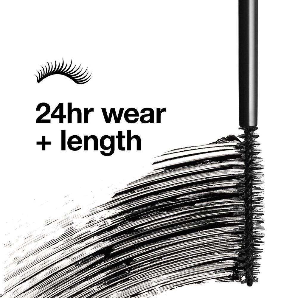 Mascara-Bürste mit Wimpern-Symbol und Text: 24hr wear + length.