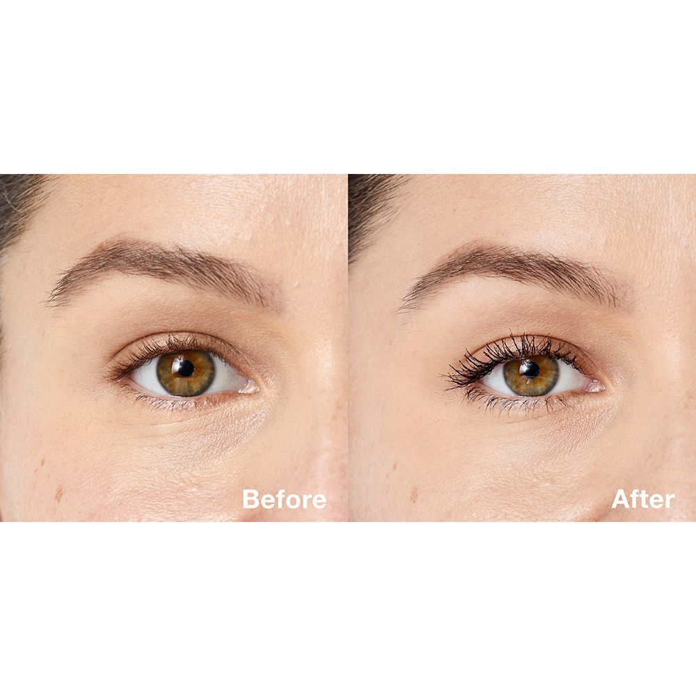 Augenpaar vor und nach dem Auftragen von Mascara. Text: Before, After.