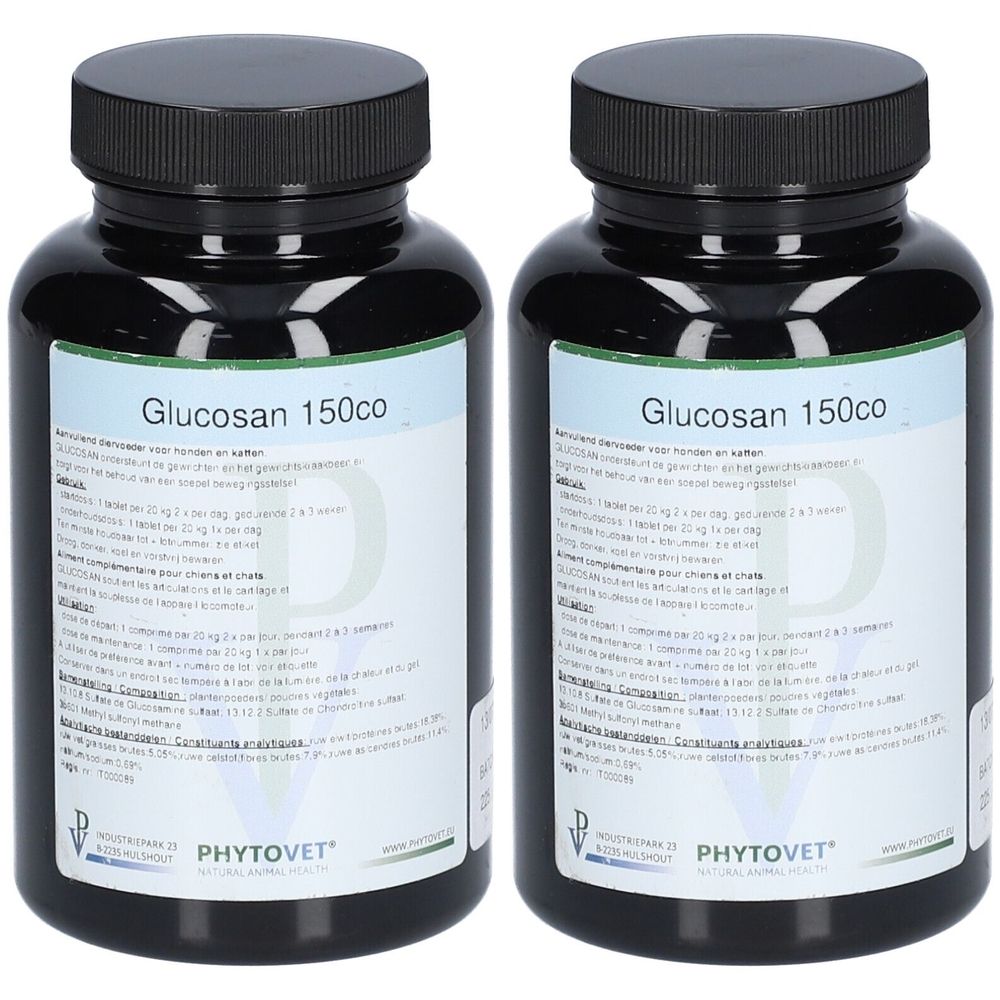 Twee flessen Glucosamin 150co van Phytovet.