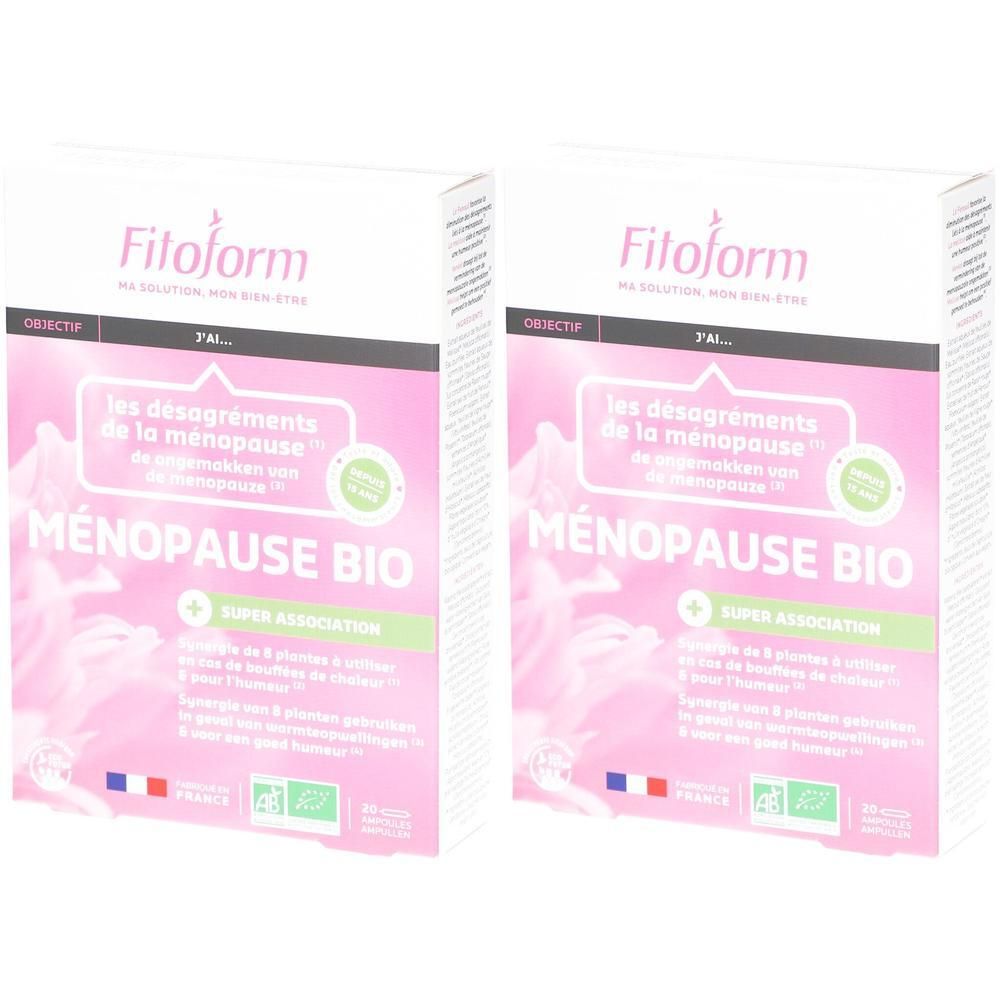 Zwei Schachteln Fitoform Menopause Bio. Rosa Verpackung mit Text und Logo. Französische Flagge und Bio-Siegel.