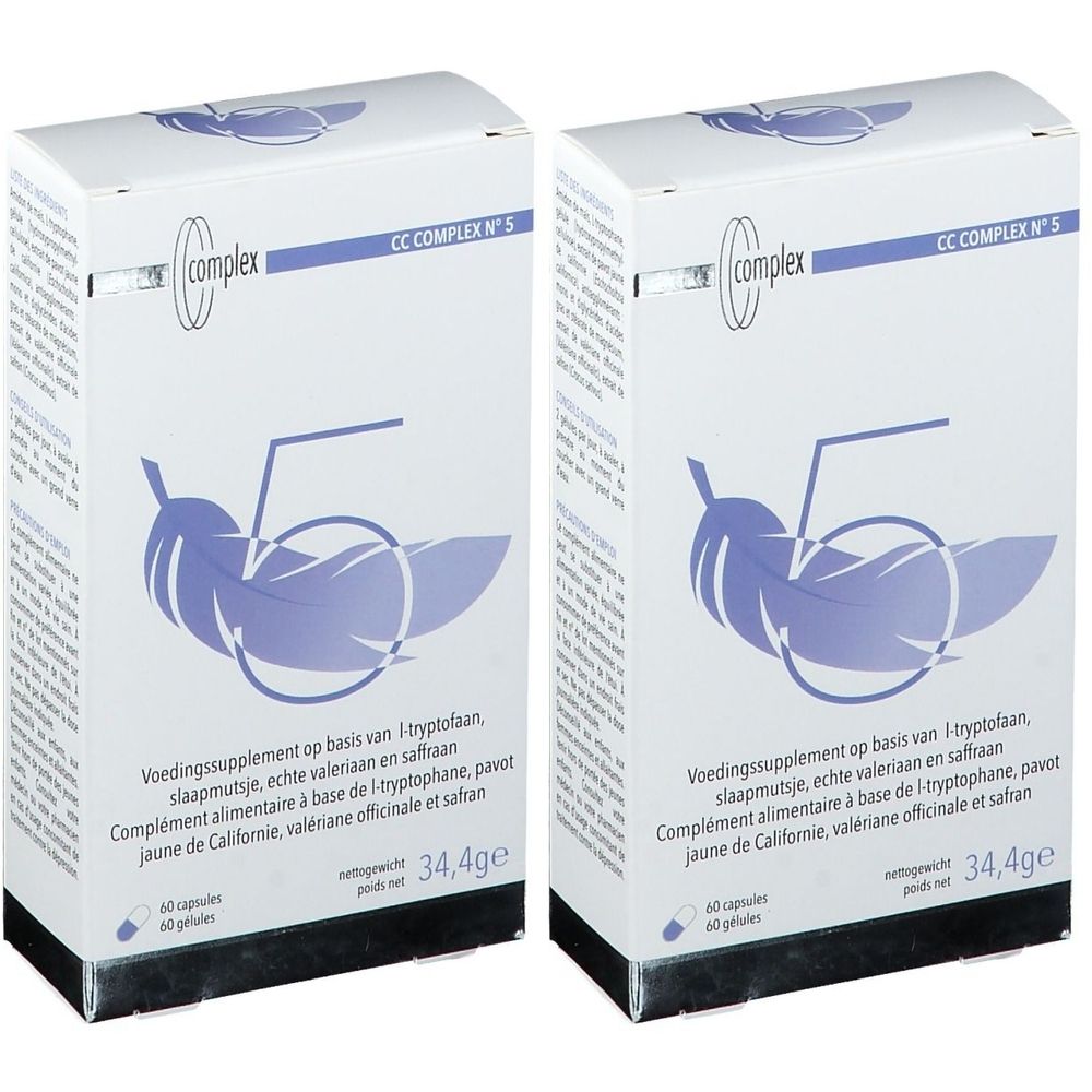 Twee rechthoekige dozen met productinformatie en logo "CC complex". Opschriften in het Nederlands en Frans.