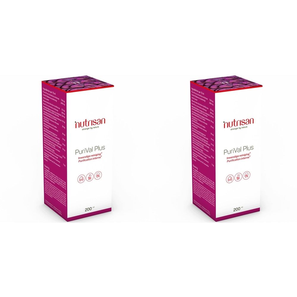Twee witte dozen met Nutrisan-logo en Purival Plus-tekst. Roze accenten en symbolen.
