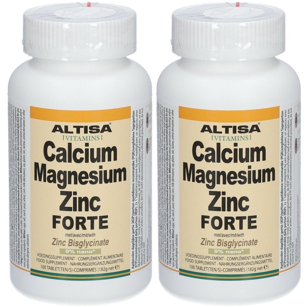 Twee flessen Altisa Calcium Magnesium Zink Forte. Witte flessen met gele etiketten. Tekst: Calcium, Magnesium, Zink Forte.