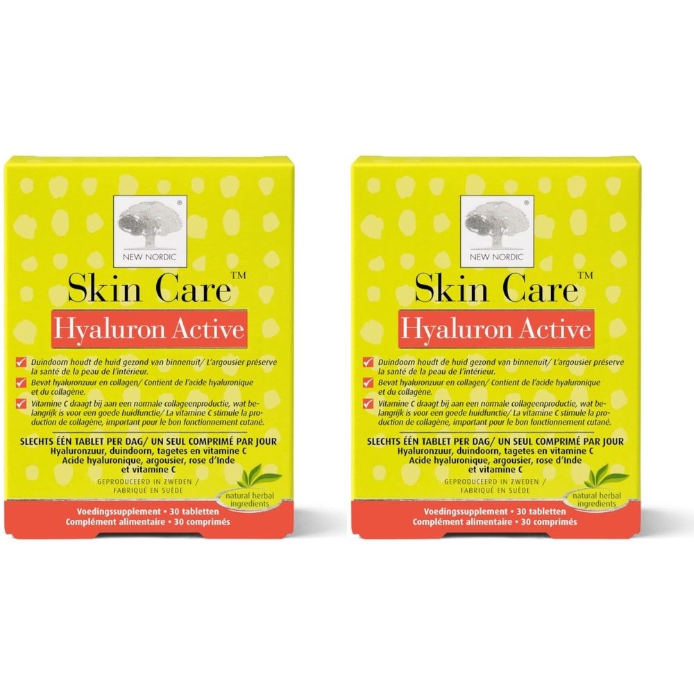Twee dozen New Nordic Skin Care™ Hyaluron Active. Gele verpakking met rode streep en productnaam. Bevat 30 tabletten.