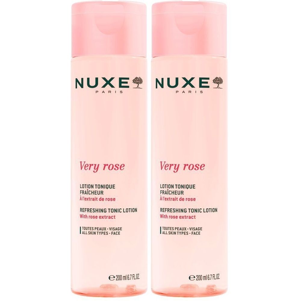 Twee flessen NUXE Very Rose Lotion. Roze flessen met roze doppen. Opschrift: Very Rose, Lotion Tonique Fraicheur, Refreshing Tonic Lotion.