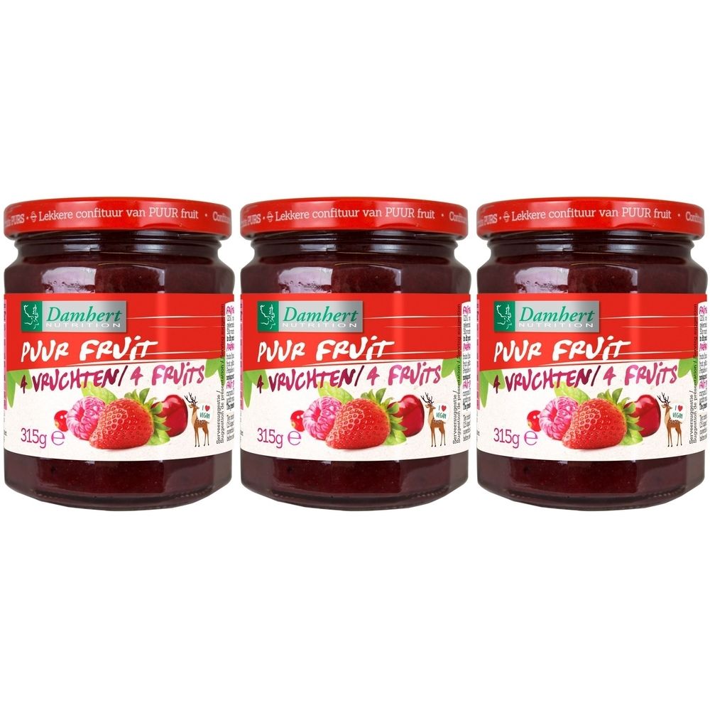 Drie potten confituur met rode deksels. Opschrift: PUUR FRUIT + Vruchten/4 Fruits. 315g. Aardbeien en kersen afgebeeld.