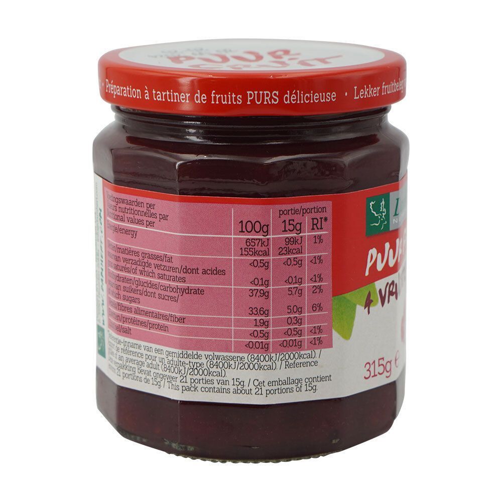 Pot de confiture avec couvercle rouge. Inscription: PUUR FRUIT + Vruchten/4 Fruits. Informations nutritionnelles sur l'étiquette. 315g.