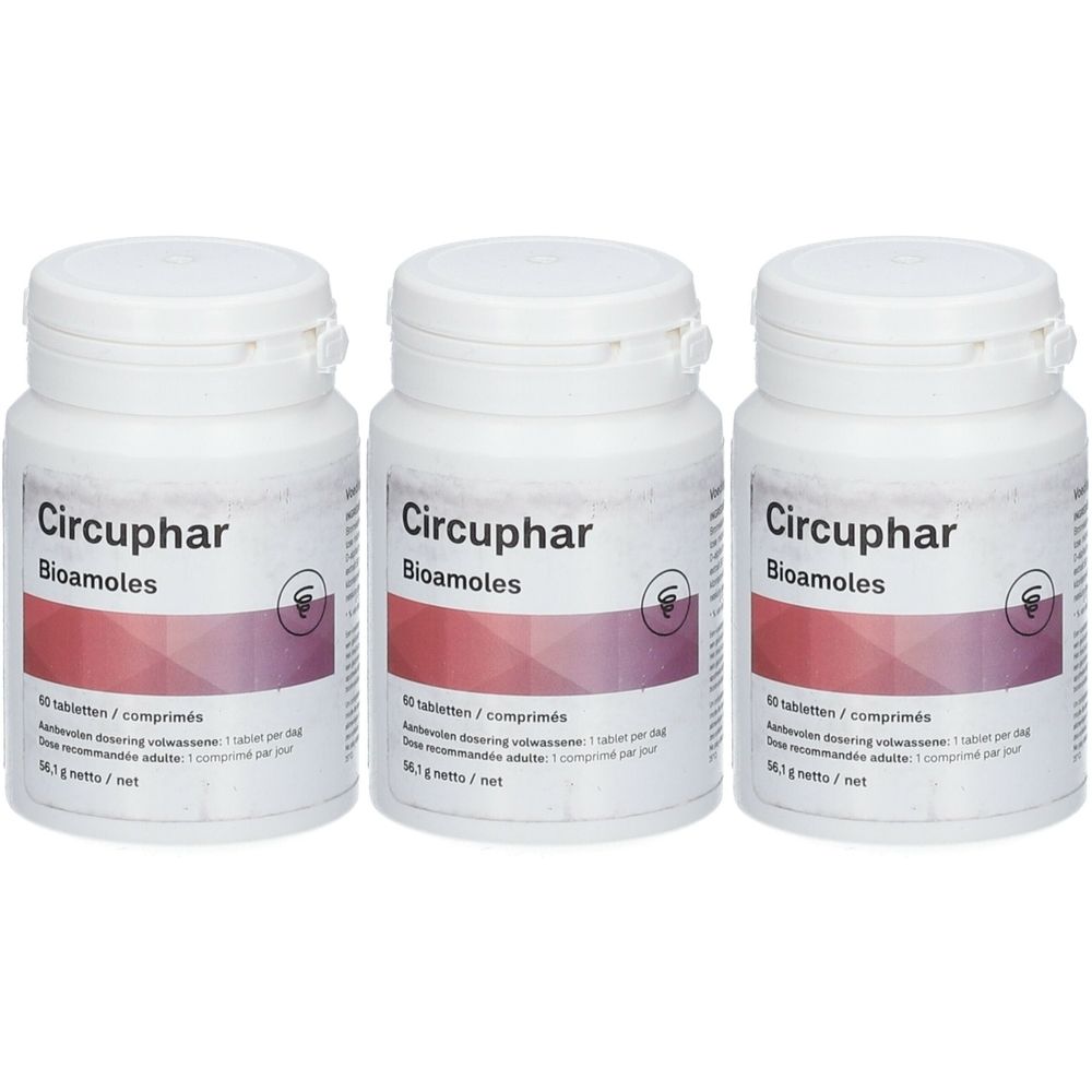 Drie witte tablettenpotten met rood en paars etiket. Opschrift: Circuphar, Bioamoles.
