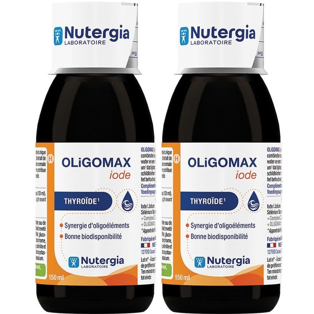 Twee flessen met etiketten. Opschrift: Oligomax Iode, Thyroïde. Merk: Nutergia.