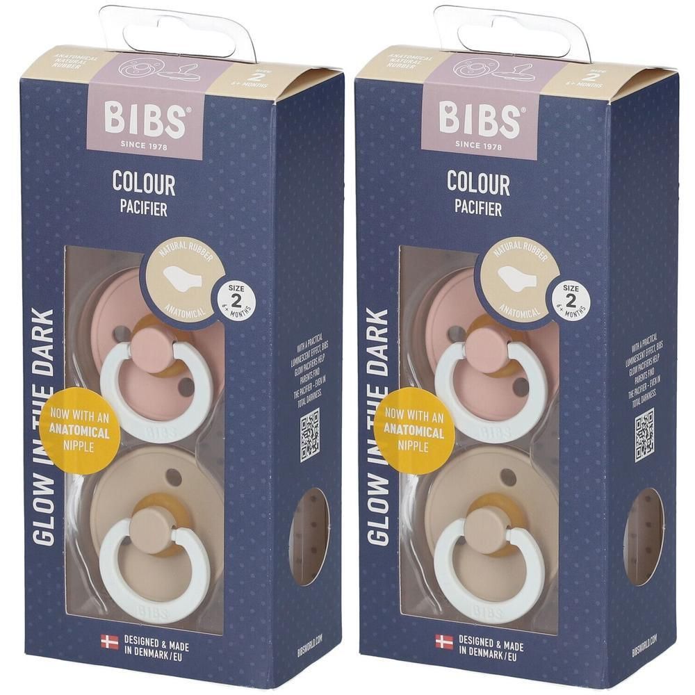 Zwei Packungen Schnuller. BIBS-Markenlogo. Anatomisch geformter Sauger. Größe 2, 6-18 Monate. In der Dunkelheit leuchtend.