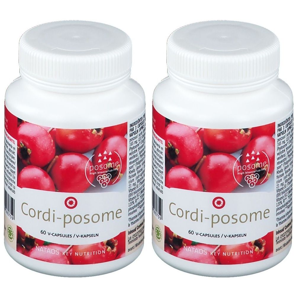Twee witte flessen met rode etiketten. Opschrift Cordi-posome, 60 V-capsules. NATAOS KEY NUTRITION.