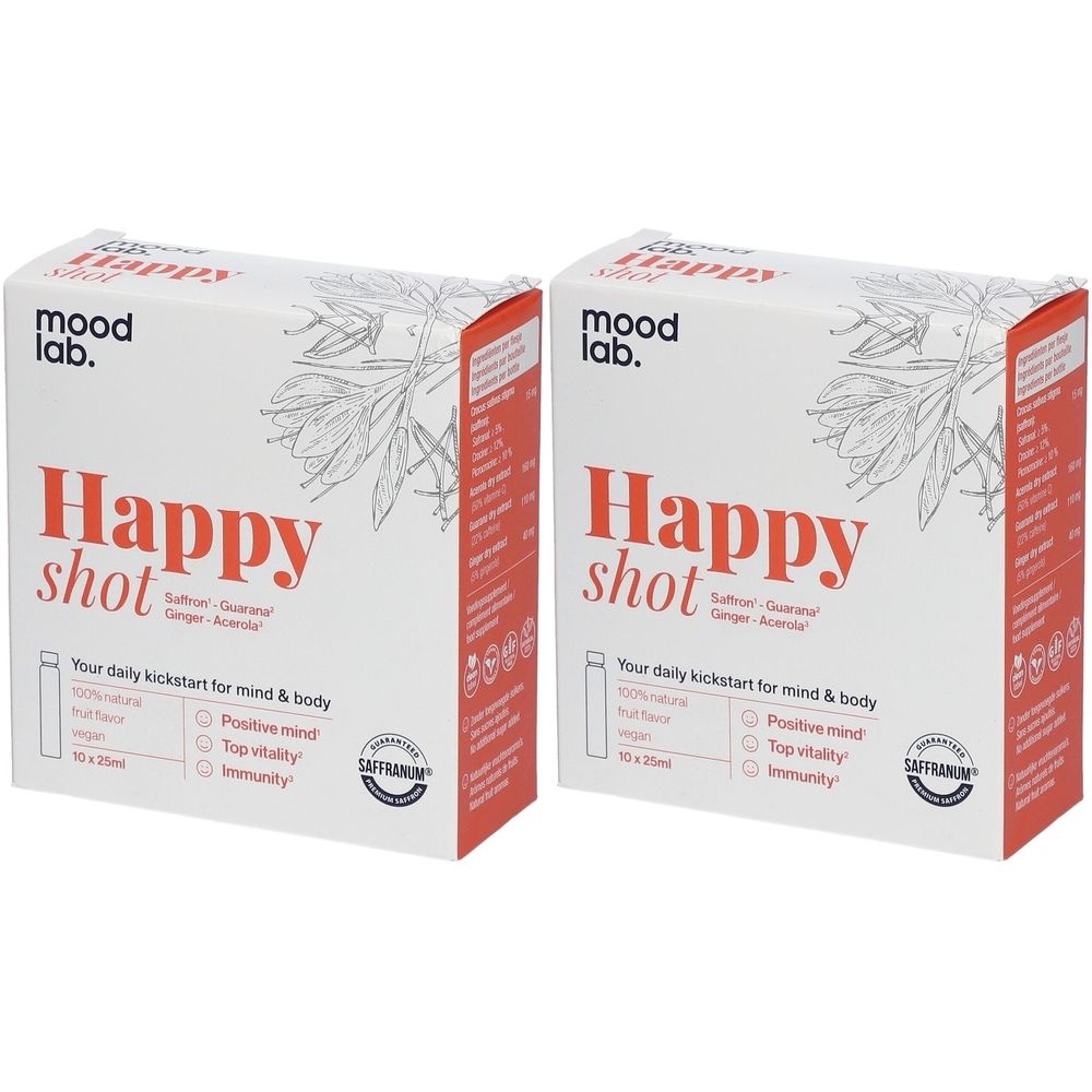 Twee dozen Moodlab Happy Shot. Opschrift: Happy Shot, Saffraan, Gember, Acai. Met logo's en teksten.
