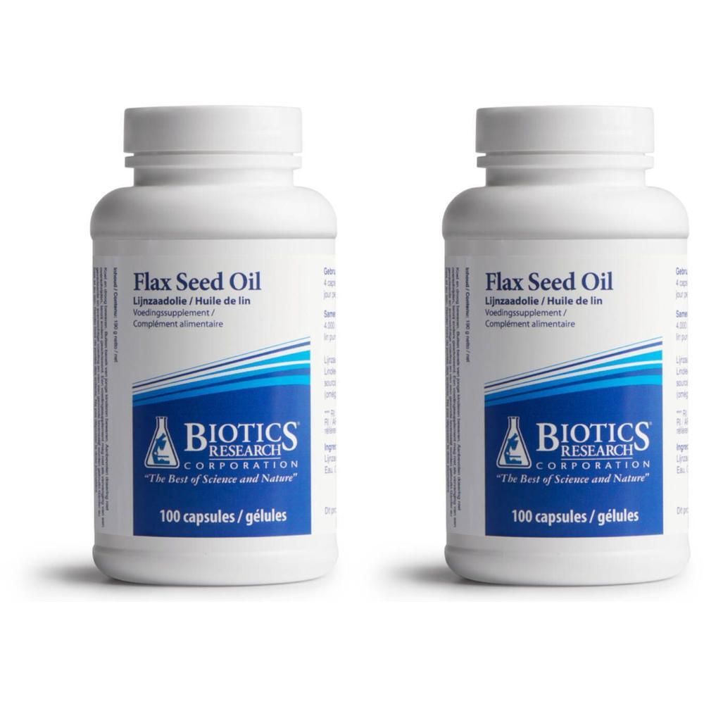Twee witte flessen met capsules. Opschrift: Flax Seed Oil, BIOTICS RESEARCH CORPORATION, 100 capsules/gélules.
