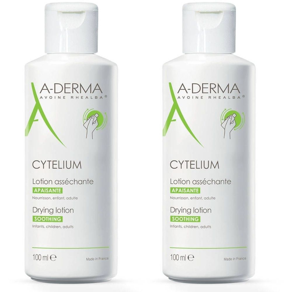 Deux flacons blancs A-DERMA CYTELIUM. Inscription: Lotion asséchante, apaisante. 100 ml.