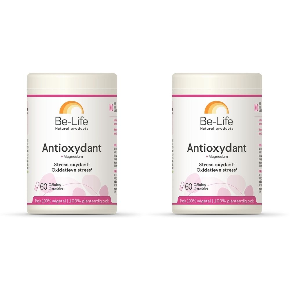 Twee witte Be-Life-potten met opschrift "Antioxydant". Elke pot bevat 60 capsules. Roze en oranje grafiek.