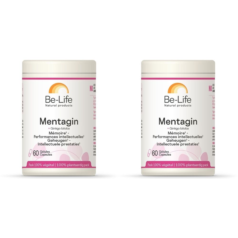 Twee witte potten met roze en oranje etiket. Opschrift: Be-Life Mentagin, 60 capsules.