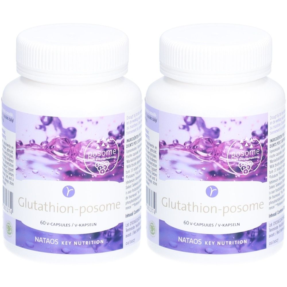 Twee witte flessen met paarse etiketten. Opschrift: Glutathion-posome, 60 V-capsules. NATAOS KEY NUTRITION.