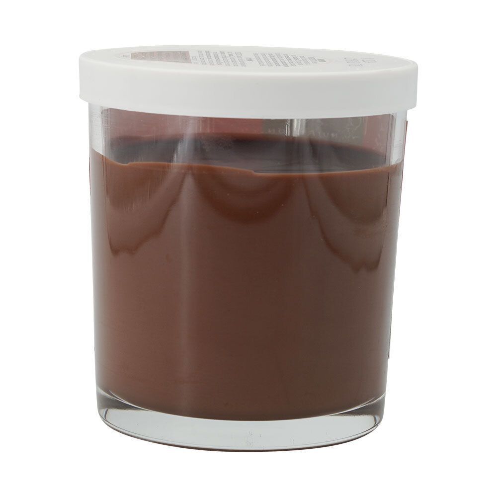 Pot chocolade-hazelnootpasta. Product zichtbaar. Deksel is wit. Geen andere details.