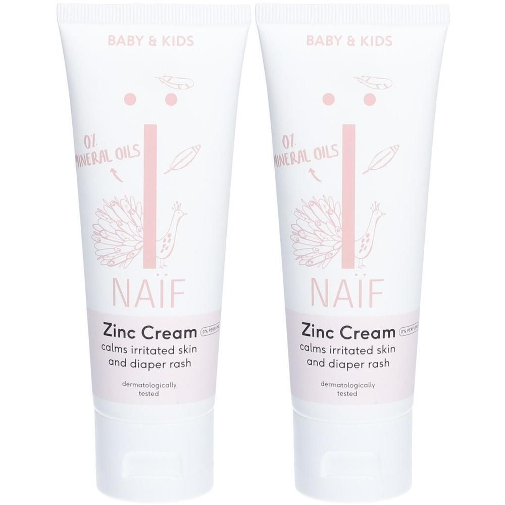 Zwei Tuben NAÏF® Baby & Kids Wundcreme. Weiße Tuben mit rosa Schrift und Illustrationen. Text: Zinc Cream.