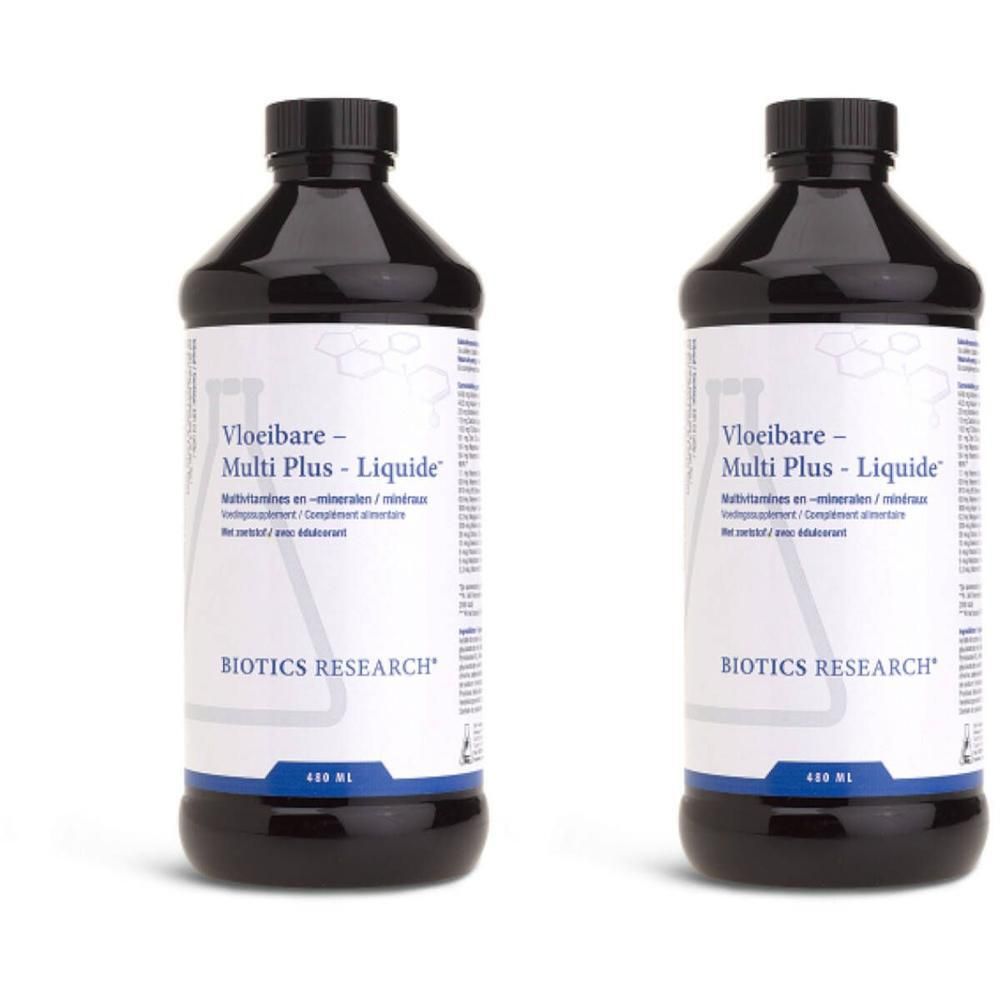 Twee flessen met zwarte dop en wit etiket. Opschrift: Multi Plus Liquide, BIOTICS RESEARCH. Inhoud 480 ml.