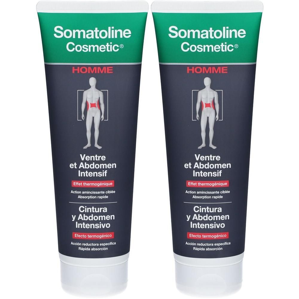 Zwei Tuben Somatoline Cosmetic. Dunkelblaue Tuben mit weißer Schrift und grünem Deckel. Abbildung eines Mannes mit hervorgehobenem Bauchbereich.