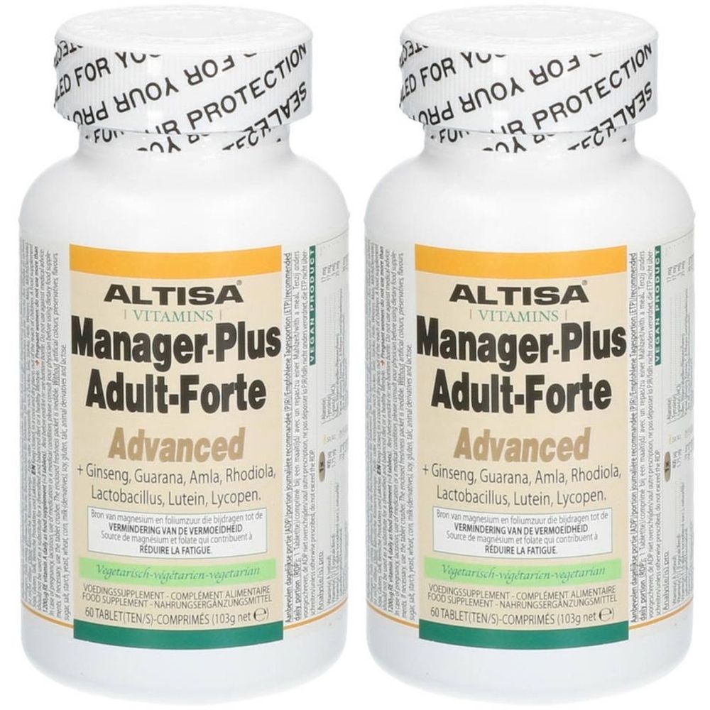Twee flessen ALTISA Manager-Plus Adult-Forte Advanced. Witte flessen met etiket. Zichtbare tekst: ALTISA, Manager-Plus, Adult-Forte.