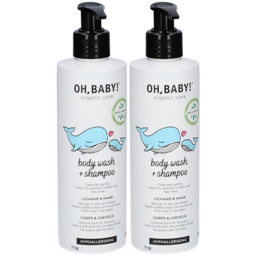 Zwei weiße Flaschen "Oh Baby!" Duschgel und Shampoo mit schwarzen Pumpen. Aufdruck: Wale, Text in Deutsch, Französisch, Niederländisch.