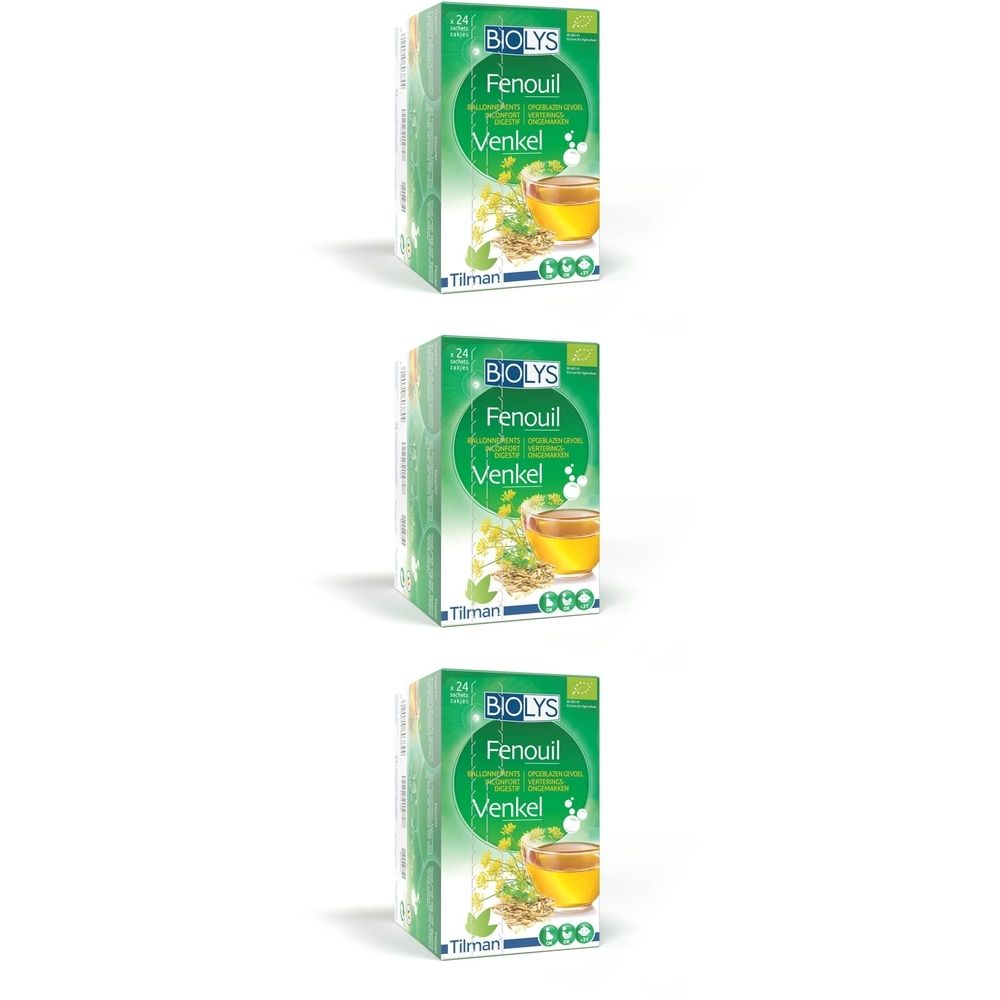 Drie groene dozen Biolys Fenouil. Opschrift: Fenouil, Venkel, 24 zakjes, bio-label. Illustratie van een kopje thee.
