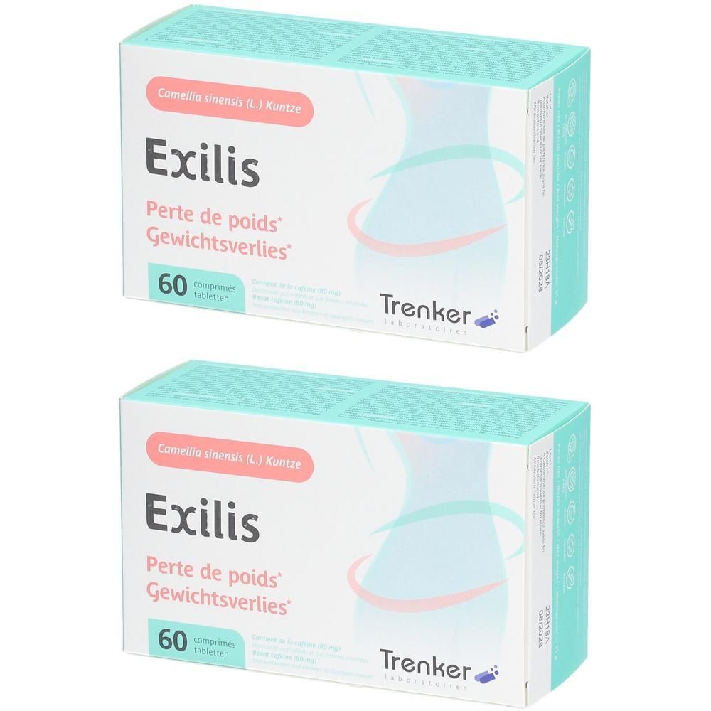Zwei Schachteln Exilis. Aufschrift: Perte de poids, 60 Tabletten. Marke Trenker. Abbildung einer Silhouette.