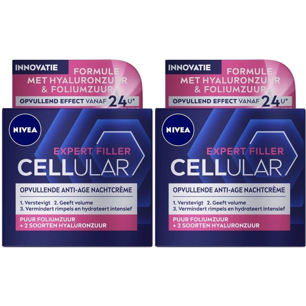 Twee dozen NIVEA Cellular Filler nachtcrème. Roze en blauwe verpakking. Tekst: Expert Filler, Opvullende Anti-Age Nachtcrème, Foliumzuur.