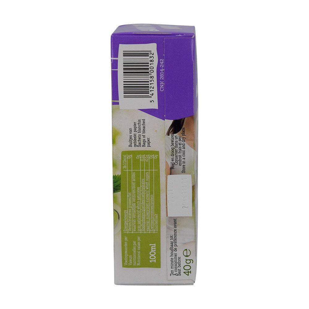 Seitenansicht der Damhert Wellbeing Detox Tee-Verpackung. Enthält Informationen zu Inhaltsstoffen, Gewicht und Volumen.