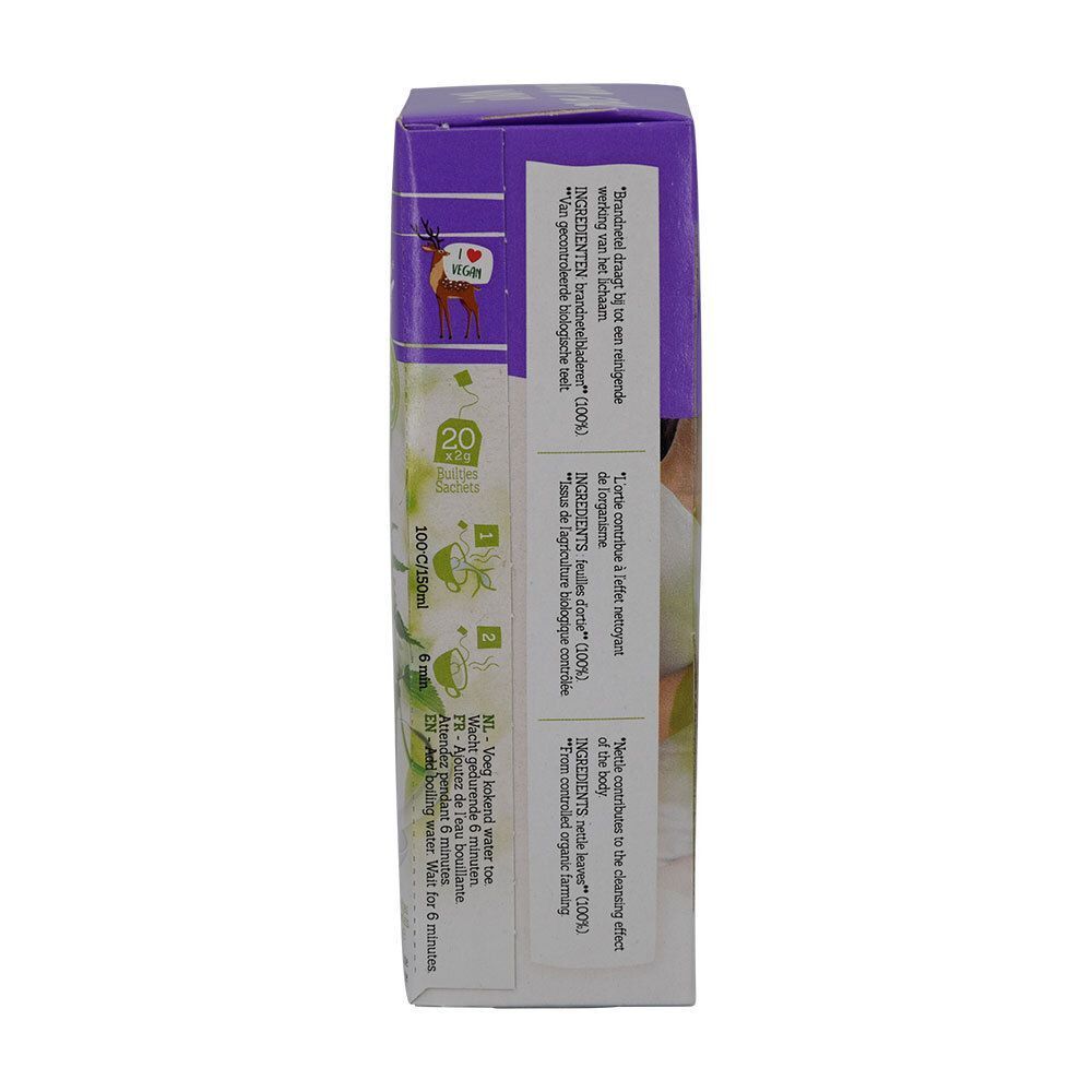 Seitenansicht der Damhert Wellbeing Detox Tee-Verpackung. Enthält Informationen zu Inhaltsstoffen und Zubereitung.