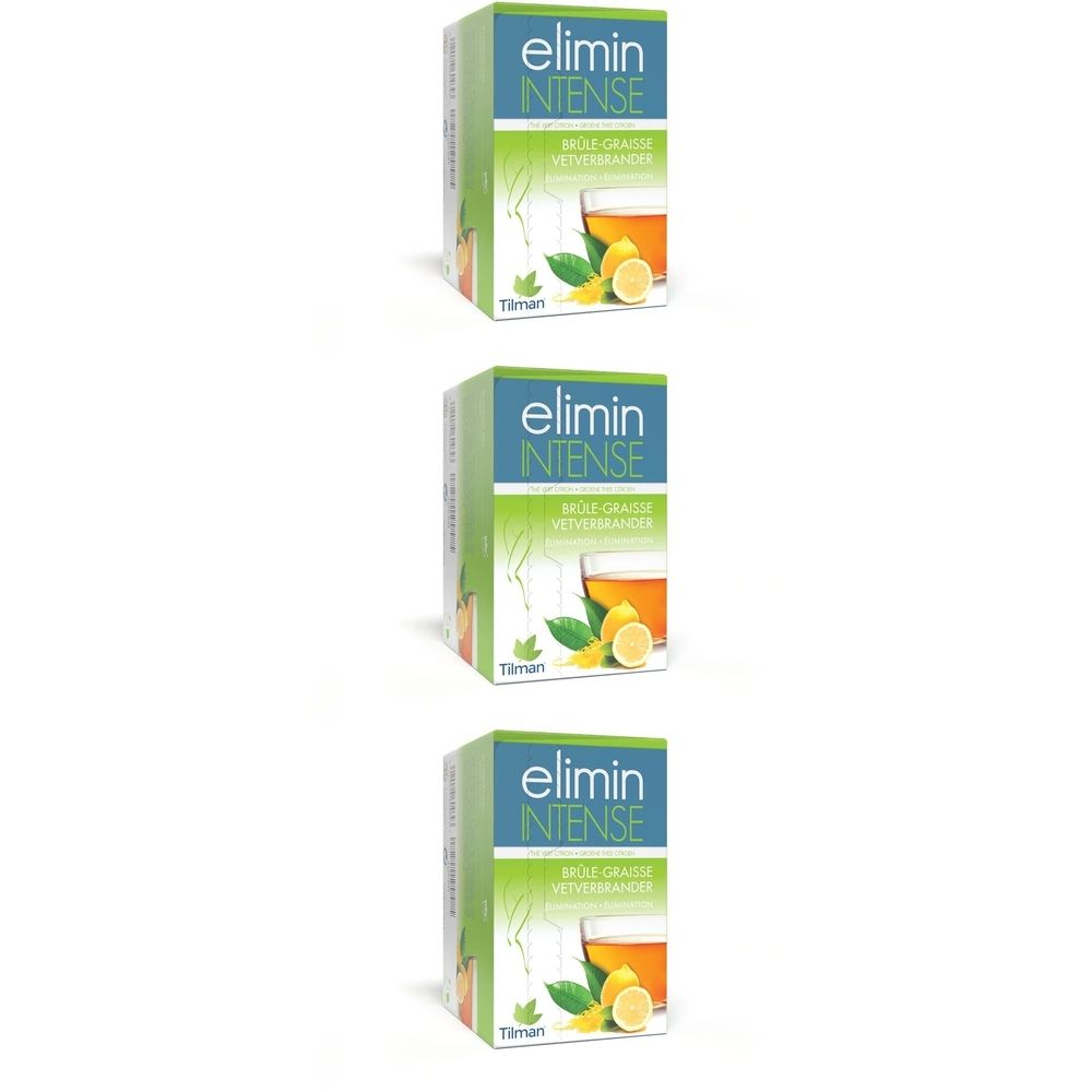 Drie groene dozen met productnaam en afbeelding van drank met citroen. Merk Tilman.