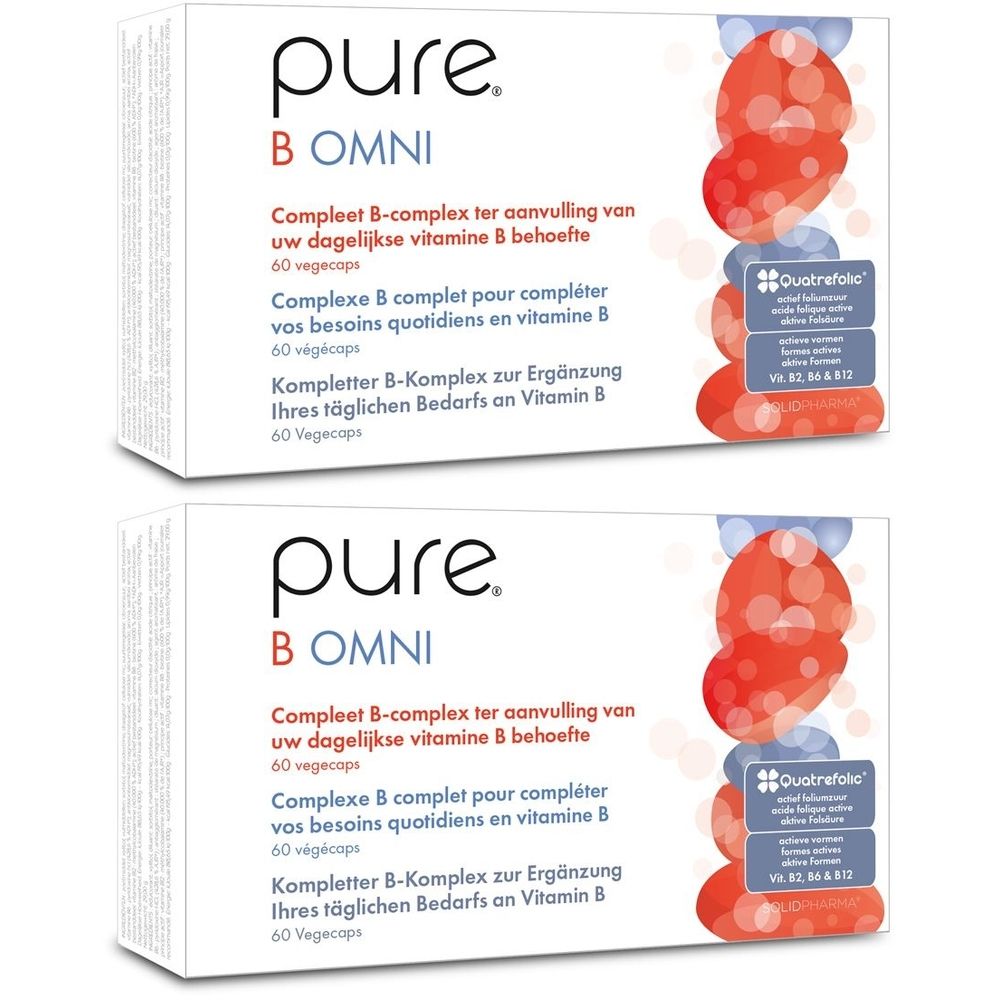 Twee verpakkingen Pure B Omni. Witte dozen met rode en blauwe afbeeldingen. Tekst: Compleet B-complex.