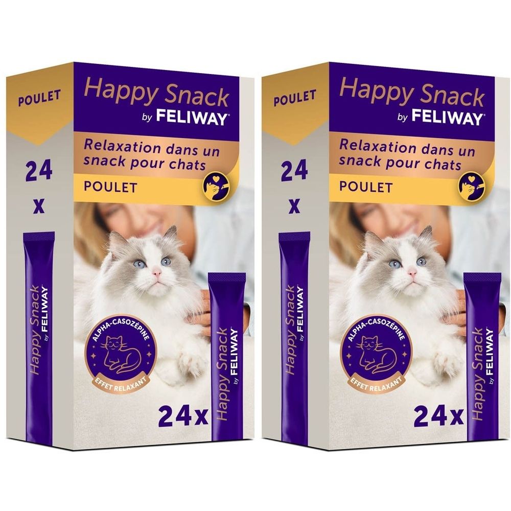 Deux paquets de Feliway Happy Snack Poulet pour chats, 24x 12g chacun.