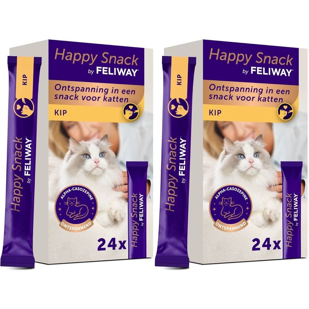 Twee pakken Feliway Happy Snack Kip voor katten, elk 24x 12g.