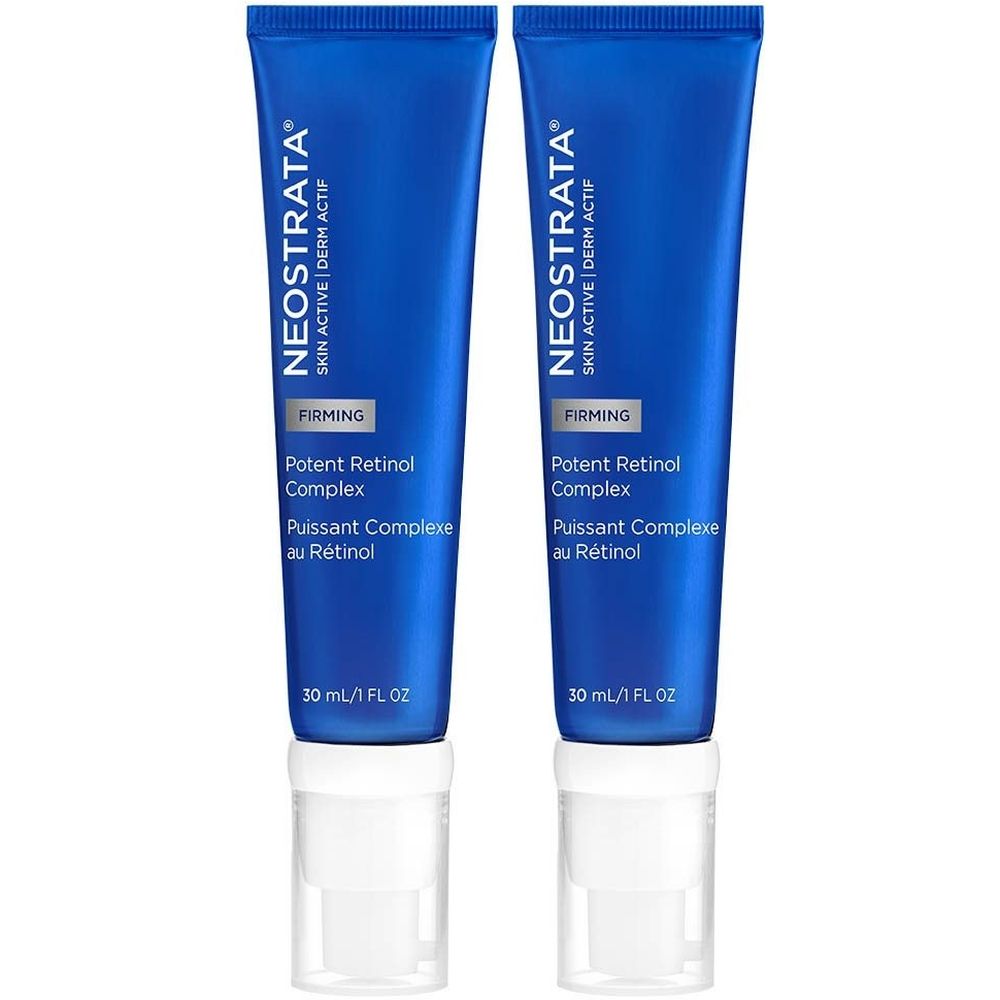 Twee blauwe tubes Neostrata Potent Retinol Complex. Witte dop, productnaam en tekst op de voorkant.