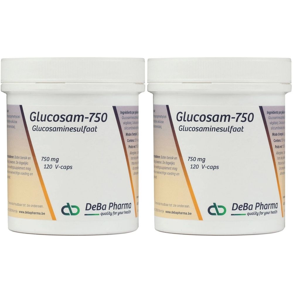 Twee witte potten met etiketten. Opschrift: Glucosam-750, 750 mg, 120 V-caps. Logo van DeBa Pharma.