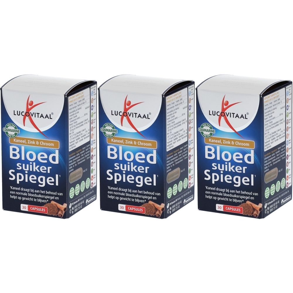 Trois boîtes de Lucovitaal® Glycémie. Emballage bleu et blanc avec nom et logo du produit. 30 gélules.