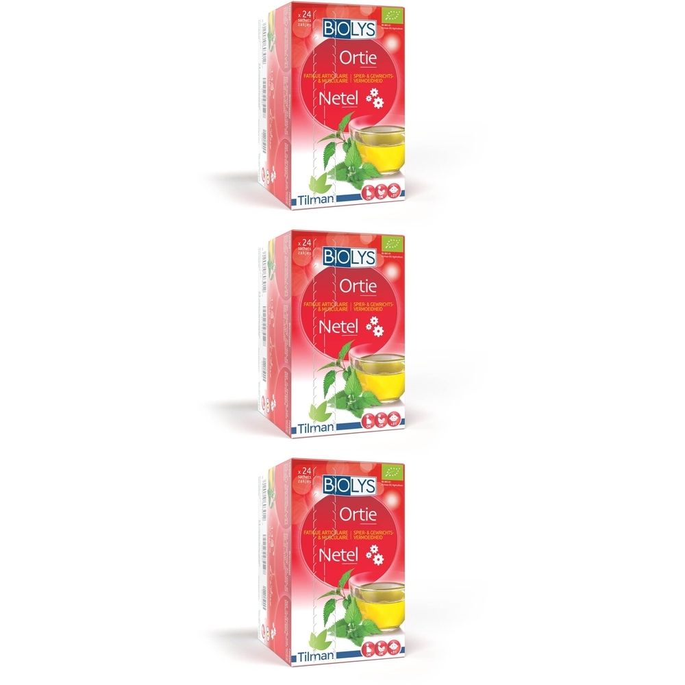 Drie BIOLYS Ortie verpakkingen. Rode dozen met productnaam en afbeelding van thee. Bio-keurmerk.