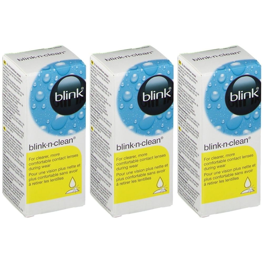 Trois boîtes de liquide pour lentilles de contact Blink-n-Clean avec un design de gouttes d'eau.